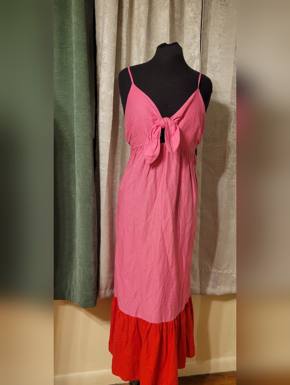 Pink Tie-Front Maxi Dress with Red Ruffle Hem
